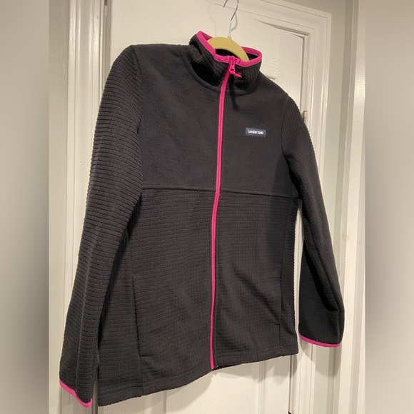 NWT Lands End Girls Size XL Black Pink Waffle Fleece Wind Resistant Full Zip - Picture 3 of 11